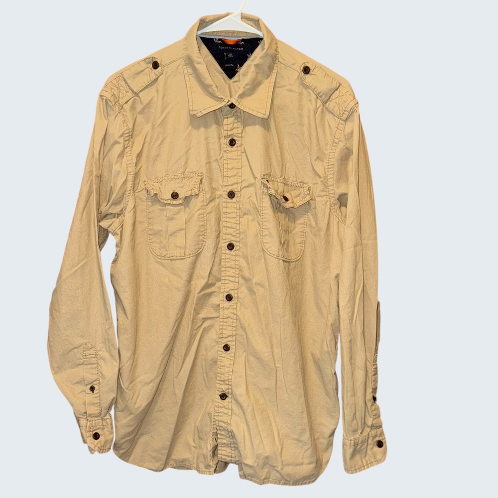 Tommy Hilfiger Mens Tan Corduroy Button Down Shirt Trim Fit Utility Large L/G